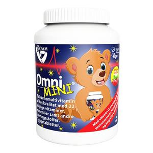 OmniMINI børnevitaminer med en naturlig jordbær smag 120 tyggetabletter.