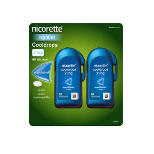 Nicorette Cooldrops Icy mint består af 4x20 stk sugetabletter i en lille beholder