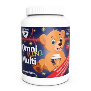 OmniMINI Multi børnevitaminer med en naturlig jordbær smag 120 tyggetabletter.