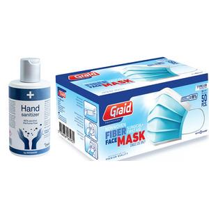 Rejsekit: 50 stk Type IIR mundbind og 200 ml håndsprit