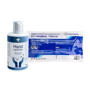Rejsekit: 10 stk Type IIR mundbind og 200 ml håndsprit