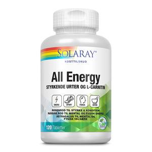 Solaray All Energy er et kosttilskud til dig, der har brug for ekstra energi i hverdage eller ved sport. 120 tabletter hos Med24.dk