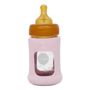 Hevea Glas Sutteflaske Wide Neck med Sleeve 150 ml, Powder Pink - 1 stk.