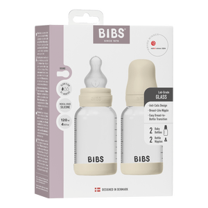 BIBS Glass Baby Bottle Round Silicone 120 ml Slow Flow Ivory - 2 stk.