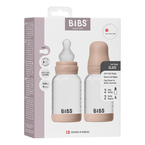 BIBS Glass Baby Bottle Round Silicone 120 ml Slow Flow Blush - 2 stk.