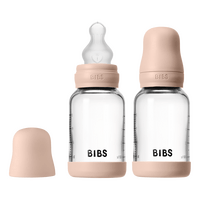 BIBS Glass Baby Bottle Round Silicone 120 ml Slow Flow Blush - 2 stk.