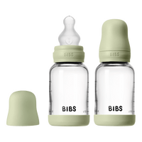 BIBS Glass Baby Bottle Round Silicone 120 ml Slow Flow Sage - 2 stk.