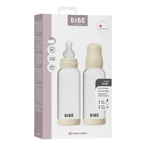BIBS Glass Baby Bottle Round Silicone 240 ml Medium Flow Ivory - 2 stk.