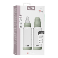 BIBS Glass Baby Bottle Round Silicone 240 ml Medium Flow Sage - 2 stk.