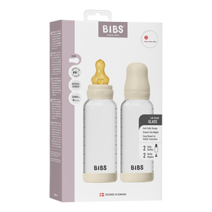 BIBS Glass Baby Bottle Round Latex 240 ml Medium Flow Ivory - 2 stk.