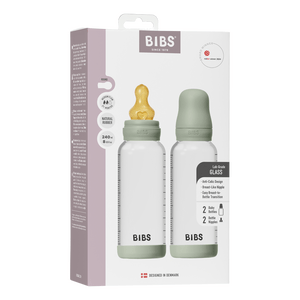 BIBS Glass Baby Bottle Round Latex 240 ml Medium Flow Sage - 2 stk.
