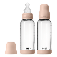 BIBS Glass Baby Bottle Round Silicone 240 ml Medium Flow Blush - 2 stk.
