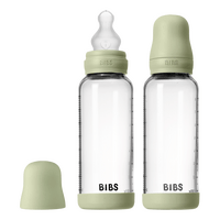 BIBS Glass Baby Bottle Round Silicone 240 ml Medium Flow Sage - 2 stk.