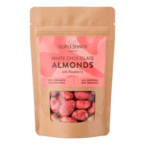 Mandler m. hvid chokolade & hindbær Økologisk - 100 g - Guru Snack